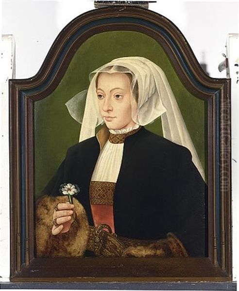 A Portrait Of A Lady Wearing A Red Dress, White Chemise, A Black Fur-lined Coat And A White Headdress, Holding A Carnation Oil Painting by Bartholomaeus (Barthel) Bruyn the Younger