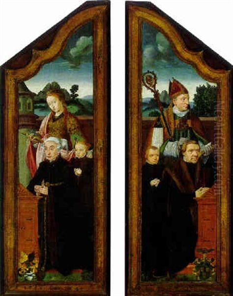 Saints Sylvester And Barbara With Donor Figures Oil Painting by Bartholomaeus (Barthel) Bruyn the Younger