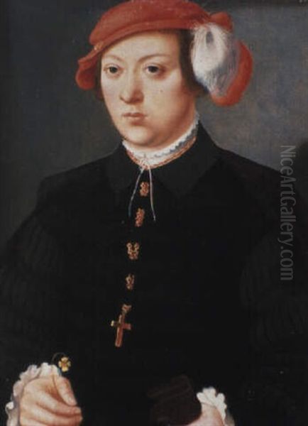 Portrait Of A Young Man Wearing A Feathered Cap And Holding A Pair Of Gloves Oil Painting by Bartholomaeus (Barthel) Bruyn the Younger