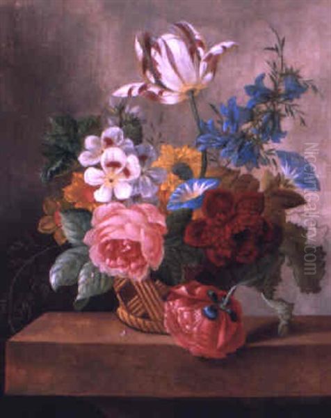 Still Life With Roses And Other Flowers In A Basket Oil Painting by Cornelis De Bruyn