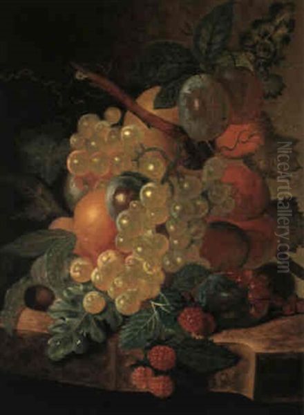 Still Life With Plums, Grapes, Peaches, Raspberries And     Currants On A Ledge Oil Painting by Cornelis De Bruyn