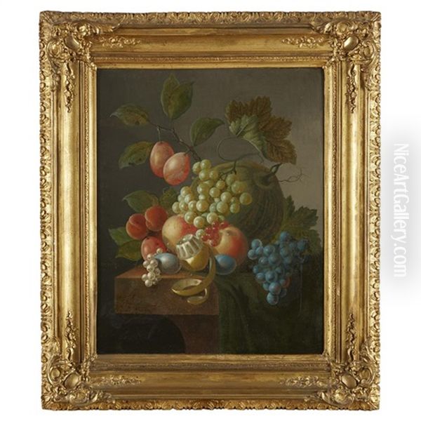 Mixed Fruits With Draped Cloth On A Stone Ledge Oil Painting by Johannes Cornelis de Bruyn