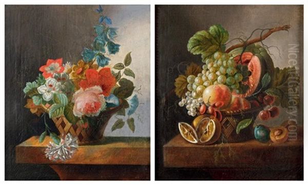 Corbeille De Fleurs Et Corbeille De Fruits: Melon, Raisin, Groseilles, Et Questches Sur Un Entablement (pair) Oil Painting by Johannes Cornelis de Bruyn