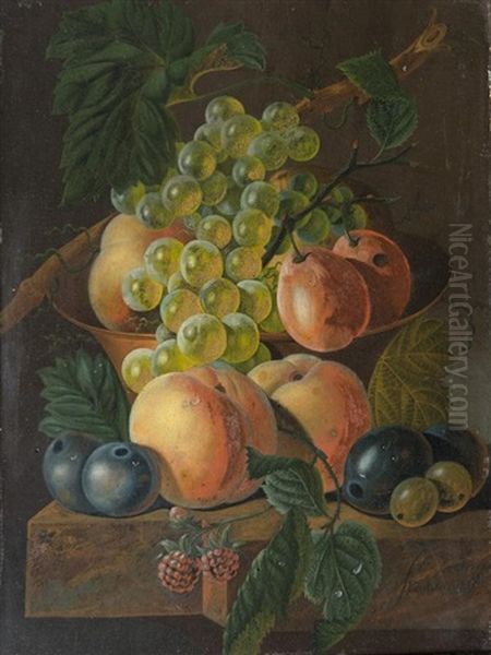 Nature Morte A La Coupe De Fruits Posee Sur Un Entablement Oil Painting by Johannes Cornelis de Bruyn