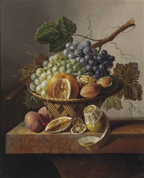 Grapes, An Orange And Walnuts In A Wicker Basket With A Lemon And Plums, All On A Marble Ledge Oil Painting by Johannes Cornelis de Bruyn