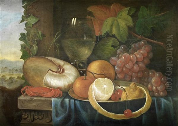 A Lemon, Orange And Cherries In A Pewter Dish With A Crab, Roemer And A Bunch Of Grapes On A Draped Table Top Oil Painting by Johannes Cornelis de Bruyn