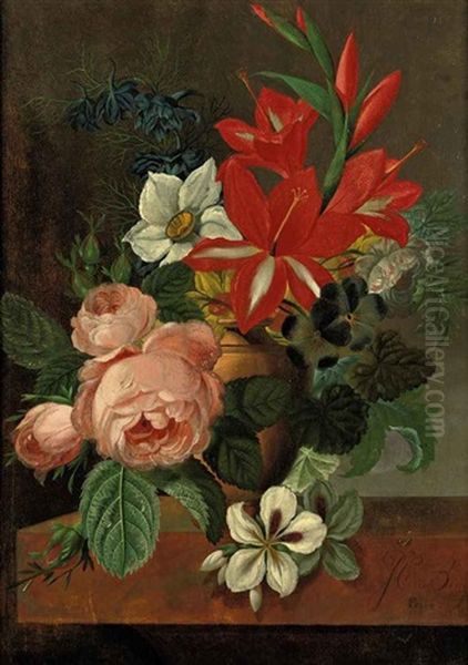 Roses, Lilies, Violets And Other Flowers In An Urn On A Ledge Oil Painting by Johannes Cornelis de Bruyn