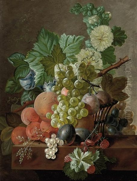 Grapes, Peaches, Plums, Gooseberries, Raspberries And Other Fruit On A Stone Ledge Oil Painting by Johannes Cornelis de Bruyn