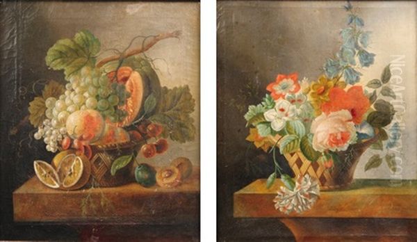 Nature Morte Aux Raisins Et Citrons (+ Bouquet De Fleurs; Pair) Oil Painting by Johannes Cornelis de Bruyn