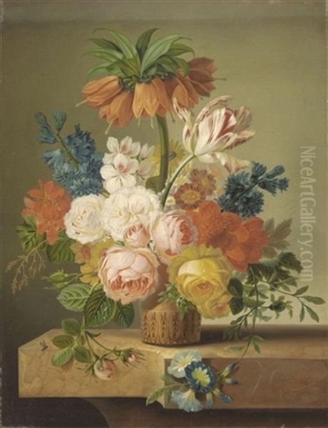 A Still Life With Roses, Tulips, Morning Glory And Various Other Flowers In A Vase On A Ledge Oil Painting by Johannes Cornelis de Bruyn