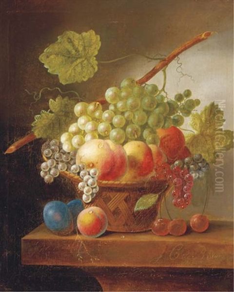 Grapes, Peaches, Prunes And Cherries In A Basket, On A Ledge Oil Painting by Johannes Cornelis de Bruyn