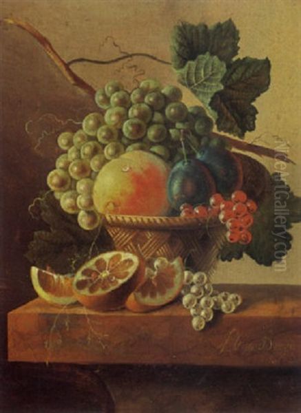 A Still Life Of Grapes, A Peach, Prunes And Red Currants In A Basket, Together With An Orange And White Currants On A Marble Ledge Oil Painting by Johannes Cornelis de Bruyn