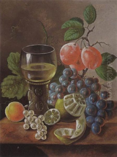 A Still Life Of Grapes, A Peeled Lemon, Prunes, Berries, A Peach And A Roemer With White Wine, All On A Marble Ledge Oil Painting by Johannes Cornelis de Bruyn