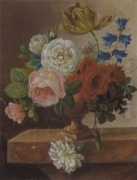 A Still Life Of Roses, Tulips, A Carnation, A Daisy And Other Flowers, All In A Vase On A Marble Ledge Oil Painting by Johannes Cornelis de Bruyn