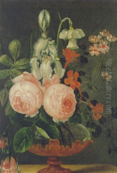 A Still Life Of An Iris, Roses, A Narcissus And Other Flowers In An Ormolu-mounted Glass Vase On A Stone Ledge Oil Painting by Johannes Cornelis de Bruyn