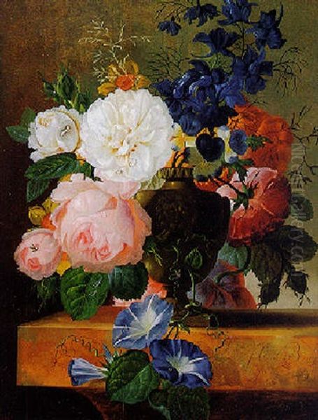 Still Life With Roses And Other Flowers In A Vase On A Ledge Oil Painting by Johannes Cornelis de Bruyn