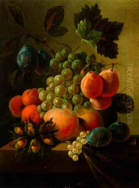 Peaches, Grapes, Plums, Whitecurrants And Cobnuts On A Partially Draped Ledge Oil Painting by Johannes Cornelis de Bruyn