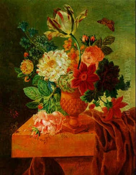 Blumenstrauss In Einer Ornamentierten Tonvase Oil Painting by Johannes Cornelis de Bruyn