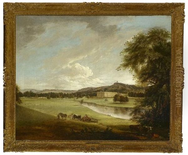 View Of Chatsworth House From The South-west, With Labourers And Livestock In The Foreground Oil Painting by Theodore de Bruyn