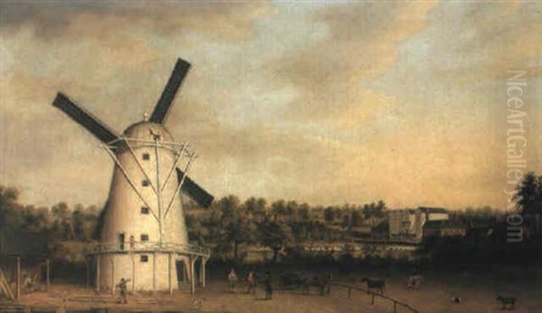 A Windmill In A Wooded River Landscape, With Figures, Animals, And Buildings Oil Painting by Theodore de Bruyn