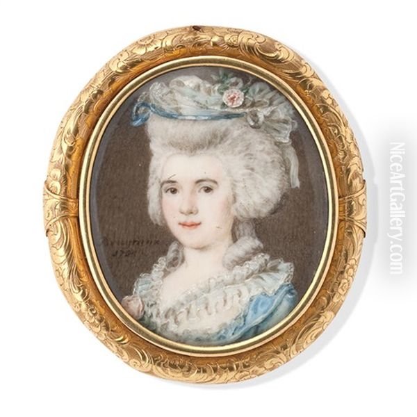 A Portrait Miniature Of A Young Lady Wearing A Blue Dress Oil Painting by Daniel Bruyninx