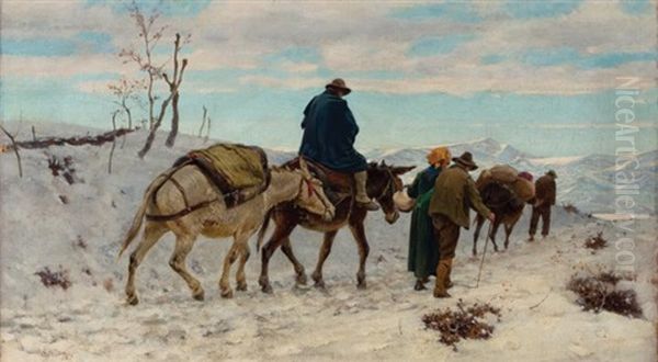 Travelers On A Road, Winter Oil Painting by Stefano Bruzzi