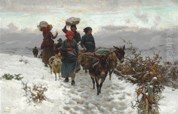 Italian Farmers Crossing A Mountain Pass At Winter Time Oil Painting by Stefano Bruzzi