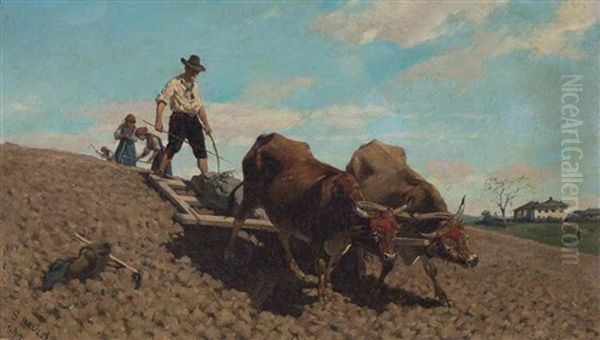 Oxen Ploughing Oil Painting by Stefano Bruzzi