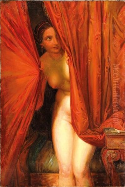 Fausse Timidite, Ou Les Rideaux Rouges Oil Painting by Mikhail Vasilievich Bryansky