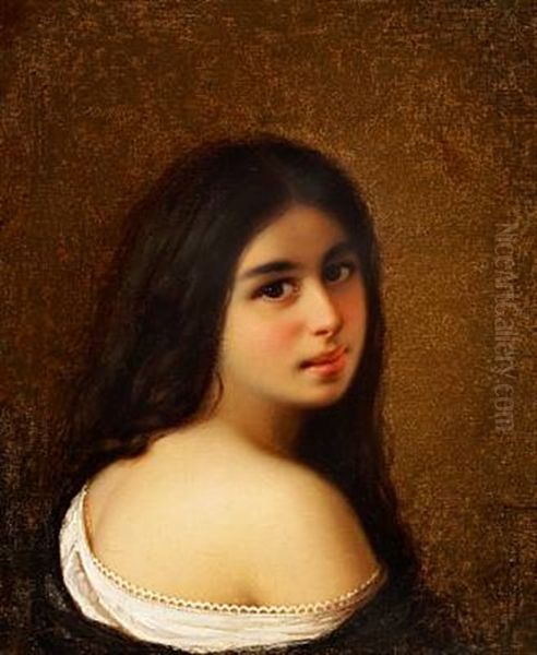 Young Woman With Dark Flowing Hair And Low-cut Dress Oil Painting by Mikhail Vasilievich Bryansky