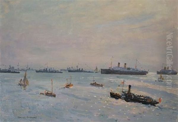 Untitled (harbour With Naval Ships) Oil Painting by Charles David Jones Bryant