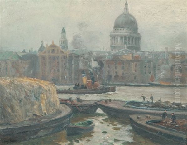 St. Pauls Cathederal & The Pool Of London Oil Painting by Charles David Jones Bryant