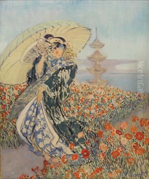 Japanese Woman In Flower Garden Oil Painting by Everett Lloyd Bryant