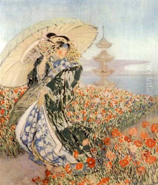 Japanese Woman In Flower Garden Oil Painting by Everett Lloyd Bryant