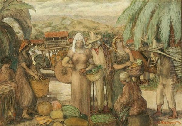 Figures In Pueblo Landscape by Everett Lloyd Bryant