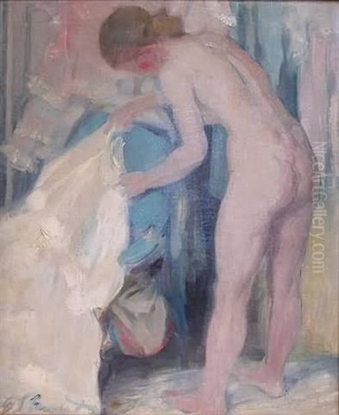 Impressionist Portrait Of A Nude Leaning To Lay A White Dress On A Blue Armchair Oil Painting by Everett Lloyd Bryant