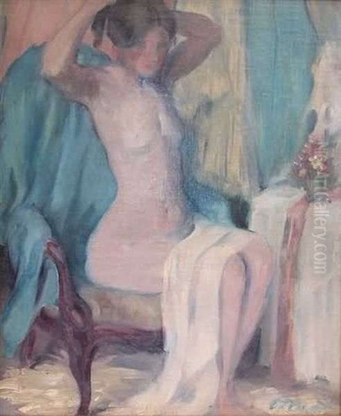 Impressionist Portrait Of A Nude Seated In A Chair With A White Drape Across Her Lap As She Dresses Her Hair Oil Painting by Everett Lloyd Bryant