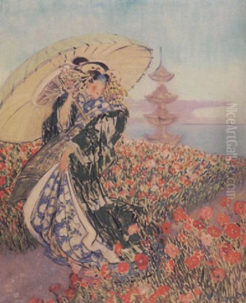 Japanese Woman Amongst The Flowers Oil Painting by Everett Lloyd Bryant