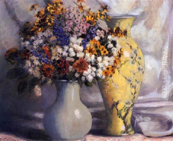 Yellow And White Flowers In A White Vase Oil Painting by Everett Lloyd Bryant