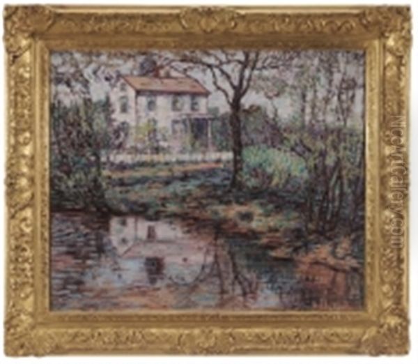 House By A Pond In A Spring Landscape Oil Painting by Maude Drein Bryant