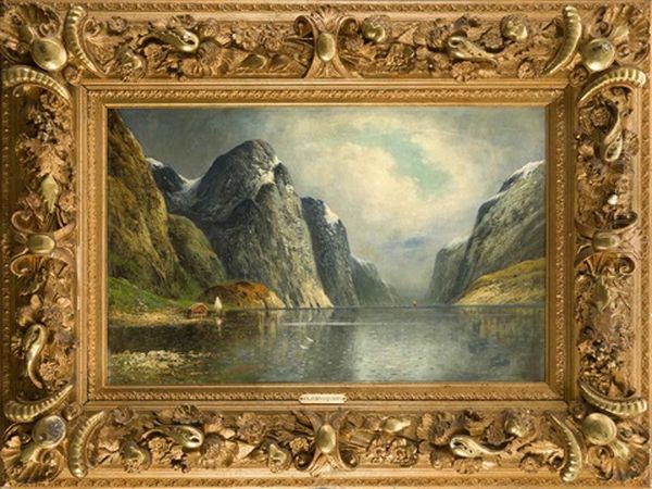 Blick In Einen Norwegischen Fjord Mit Segler U. Pfahlbau Am Ufer Oil Painting by Olav Brysterp