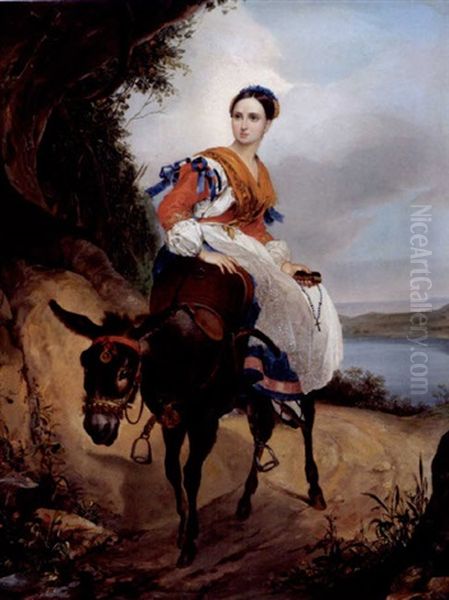 Portrait Of Olga Ferzen On A Donkey Oil Painting by Karl Pavlovich Bryullov