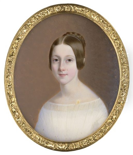 Portrait Der Amanda Du Crest De Villeneuve (1829-1883), Geb. Le Francois, Gemahlin Des Alexandre-marie Du Crest De Villeneuve, In Weisem Kleid Oil Painting by Leon Brzezinski