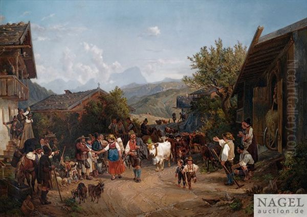 Empfang Beim Almabtrieb Im Dorf Oil Painting by Alois Bubak