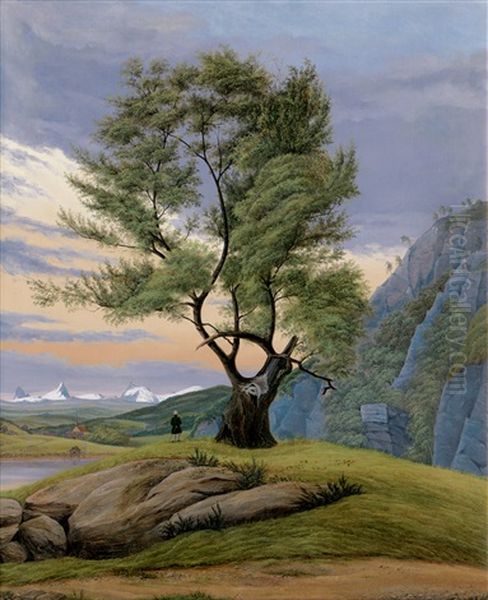 Symbolische Landschaft Im Abendlicht Mit Baum Und Wanderer Oil Painting by Eduard Von Buchan