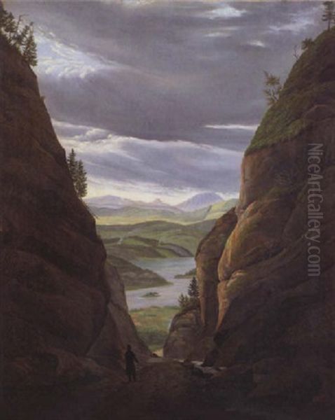 Wanderer In Der Schlucht Von Krokkleiva Auf Dem Weg Nach Oslo Oil Painting by Eduard Von Buchan