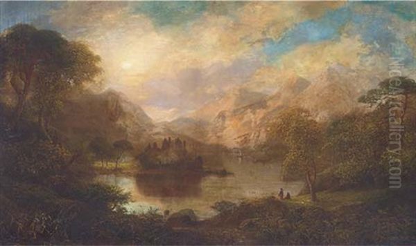 Figures On The Bank Of A Loch, With A Ruined Castle Beyond by George F. Buchanan