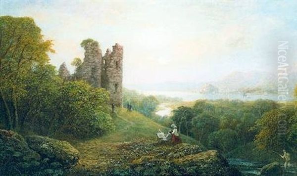 Estuary Scene With Castle Ruin, An Artist And Fisherman In The Foreground Oil Painting by George F. Buchanan