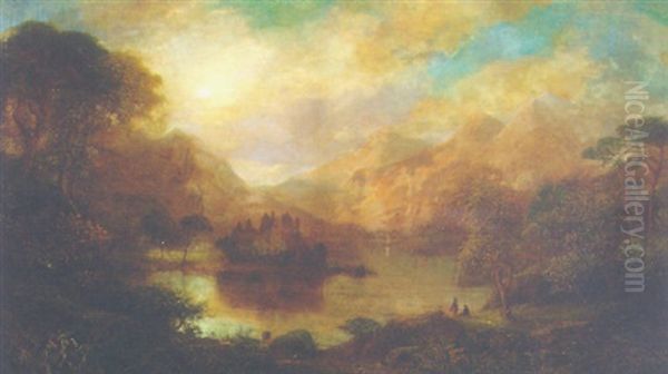 Figures In A Mountainous Loch Landscape With A Ruined Castle Beyond Oil Painting by George F. Buchanan