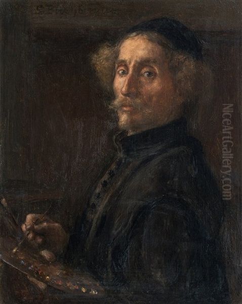 Painter With Palette (self-portrait ?) Oil Painting by Simeon Buchbinder